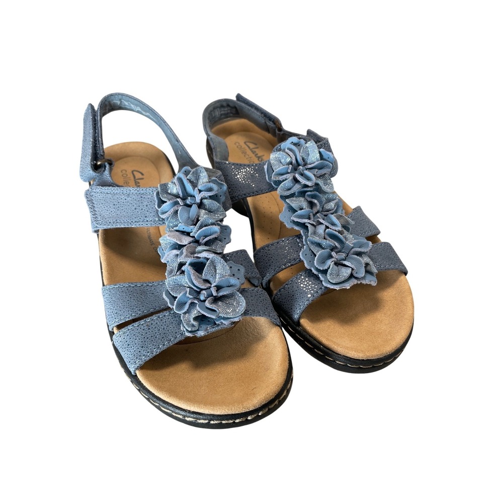 Clarks Collection Leisa Vine Blue Leather Floral Wedge Sandals Womens 7.5 M